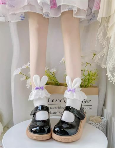 Cute Lolita Rabbit Bunny Ears Socks for Women & Teen Girls - Lace Bow Short Novelty Ankle Socks - color: Purple