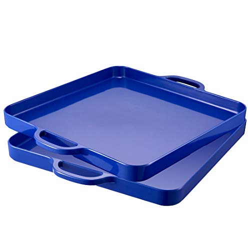 Square Serving Trays with Handles Melamine Dark Blue 12.5x12.5 Inch Spill Proof Kitchen Eating Trays Set of 2 for Cafeteria Cafe Food Appeizer Dessert Snack Dinner Lunch Breakfast,TR15-02 - color: Dark Blue