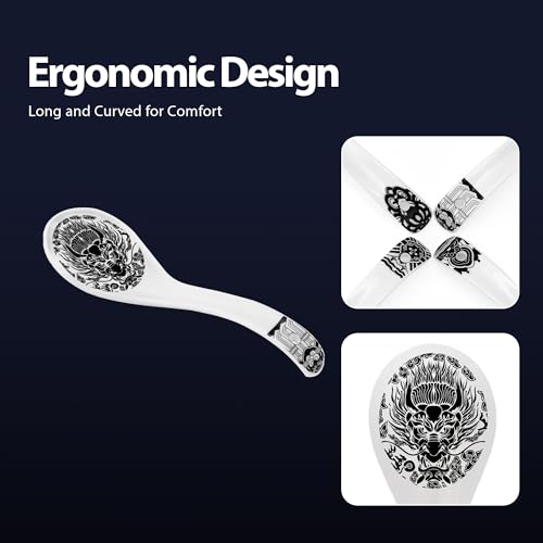 Hagary Ceramic Spoon Soup Spoons Asian Soup Spoon Chinese Korean Japanese Ramen Spoons Set of 4 with Hole 6.2 Inch (Black - Dragon Old) - color: Black - Dragon Old
