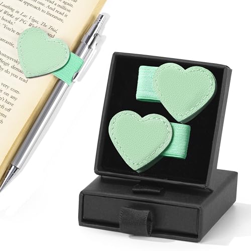2Pcs Magnetic Leather Bookmarks with Pen Holder Gift Box, Heart-Shaped Magnetic Book Marks for Book Lover Readers Cute Leather Bookmark for Women Girls (Green) - color: Green