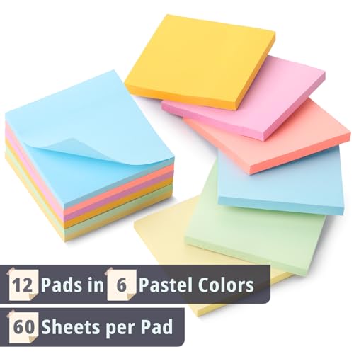 Mr. Pen- Sticky Notes, 3"x3", 12 Pads, 720 Sheets, Pastel Colors - color: Pastel