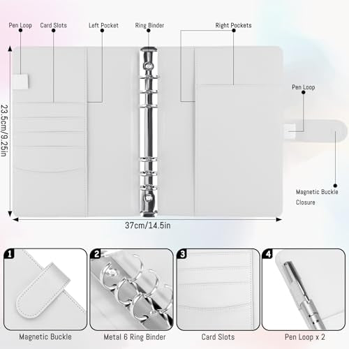 Antner A5 Binder 6 Ring Refillable Notebook Binder Planner Cover for A5 Refill Paper, PU Leather Loose Leaf Personal Organizer Budget Planner for Savings & Budgeting with Magnetic Buckle, White - color: White