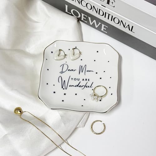Mothers Day Gifts For Mom Women, Ceramic Ring Dish Holder Jewelry Plate Tray - Dear Mom You Are Wonderful - Birthday, Mother's Day, Christmas for Mom Grandma, Trinket Dish Tray for Vanity Dresser - style: Mom