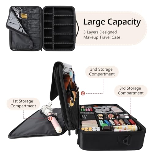 gzcz Large Capacity Travel Makeup Train Case,Professional Cosmetic Bags for Women,Portable Makeup Brush Bag Organizer Storage with Adjustable Dividers and Shoulder Strap - color: Black, size: Large