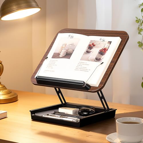 Adjustable Book Reading Stand with Storage - Hands-Free Wooden Bookstand
