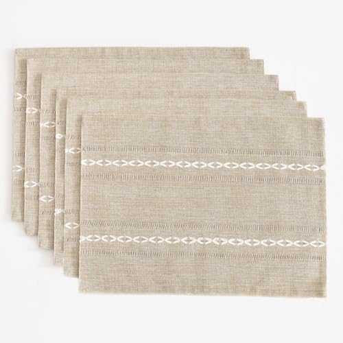Wracra Cotton Linen Place Mats, Coffee Embroidered Placemats Set of 6 - color: Hemstitched Coffee, size: Placemats(Set of 6)