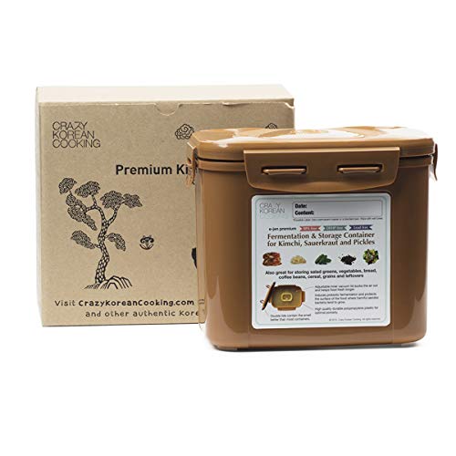 Crazy Korean Cooking Premium Kimchi, Sauerkraut Fermentation and Storage Container with Inner Vacuum Lid (0.9 Gal Sandy Brown (3.4L)) - size: 0.9 Gal (3.4L)