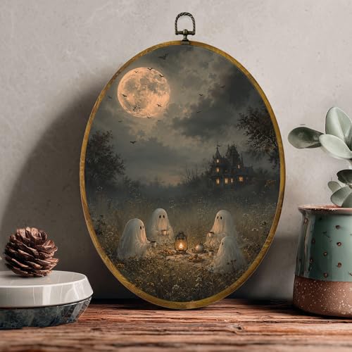 Ghost Tea Party Oval Wall Art, Framed Canvas Decor, 8.5x11.5 Inch - color: Ghost Tea Party Haunted House
