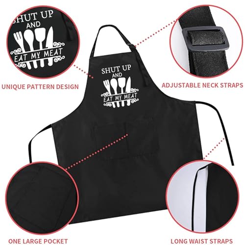 Rosoz Funny BBQ Black Chef Aprons for Men Adjustable Kitchen Cooking Aprons - color: Eat My Meat