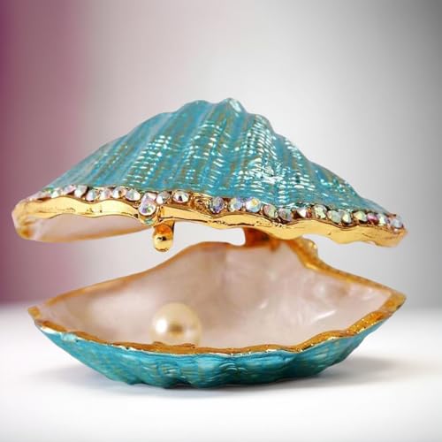 Seashell Trinket Box with Pearl for Women Girls - Hand Painted Enamel Shell Jewelry Box with Crystals, Hinged Zinc Alloy Ring Holder & Collectible Figurine Valentine Decor Gifts