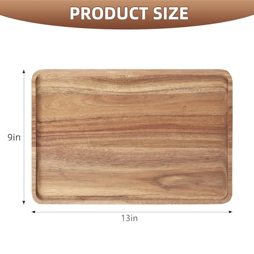 2 PCS Solid Acacia Wood Serving Trays 13 * 9 inch Rectangular Wooden Serving Platters Natural Wooden Boards for Bar Coffee Party（Wood Log Color） - color: Wood Log Color, size: 13" x 9"
