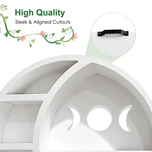 Wooden Crescent Moon Shelf - Round Wall Crystal Shelf, Witchy Circle Decor - color: White