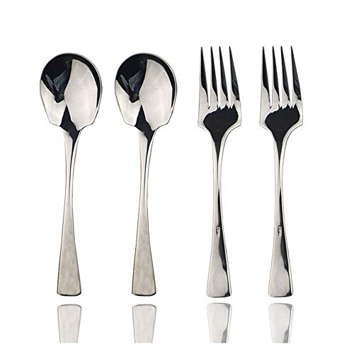 JASHII 18/10 Stainless Steel Mirror Polished Silver 2 Pcs Spoon & 2 Pcs Fork Silverware Server Utensil Set - color: Serving spoon & fork