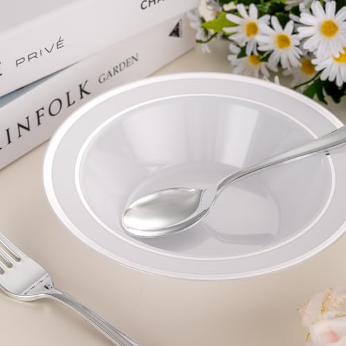 realluck 100pc Deep Bowl With White Background And Double Silver Edges - color: Silver, size: 100Pack