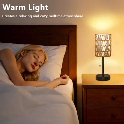Rattan Bedside Table Lamps Set of 2 - Boho Lamps With 3 Color Temperatures & USB AC Port, Pull Chain Table Lamp For Bedroom, Cute Small Lamp For Nightstand Office Desk Bed Side End Table Living Room - color: Black-2pack-pullchain