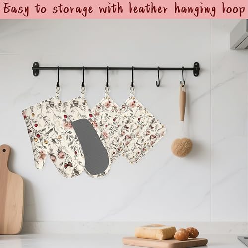 Retro Pink Floral Butterfly Heat-Resistant Silicone Oven Mitts and Pot Holders,Long Oven Gloves with Non-Slip Grip for Cooking, Baking, Grilling,BBQ - color: Retro Pink Floral Butterfly