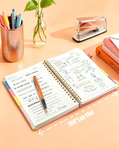 Hardcover Spiral Notebook Journal with Removable Dividers Tabs, 5 Subject Notebooks for Work School, 300 pages 8"x10" B5 leather Journal College Ruled, Cute Journal for women, Pink - color: Pink