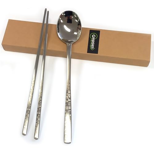 GARASANI Korean Traditional Cutlery Stainless Steel Spoons and Chopsticks Set (Silver Hunminjeongeum) - color: Silver Hunminjeongeum