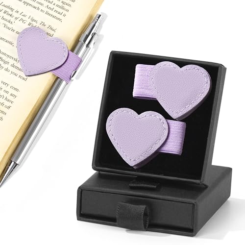 2Pcs Magnetic Leather Bookmarks with Pen Holder Gift Box, Heart-Shaped Magnetic Book Marks for Book Lover Readers Cute Leather Bookmark for Women Girls (Purple) - color: Purple