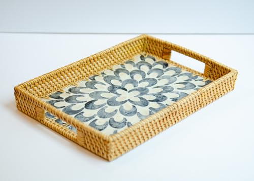 Magenta & Teal Decorative Rectangle Rattan Serving Tray 13x9 inch Mother of Pearl Inlay, Wicker Coffee Table Decor, Farmhouse (Blue Tan Flower) - color: Blue Tan Flower