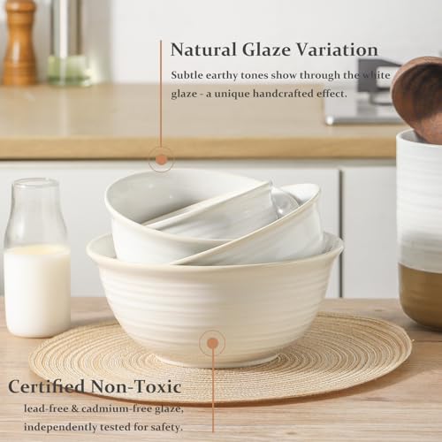 Hasense Ceramic Mixing Bowls, 2.1/1.5/1.0/0.5 Qt, Nesting Bowls for Cooking, Baking, Serving Dishes for Salad, Fruits, Popcorn, Dishwasher & Microwave Safe, Set of 4, Clay-Infused White - color: Clay-Infused White, size: 20+40+65+84 Ounce