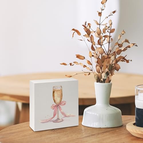 Cocktail Signs, Bar Decorations for Home,Pink Coquette Bow Champagne Wooden Box Sign, Champagne Bar Wood Signs for Home Desk Table Shelf Decor, 5x5 Inch - color: A-Champagne