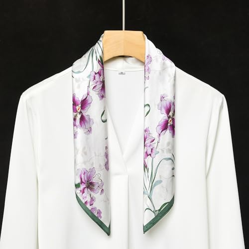 100% Mulberry Silk Scarf - 21" Square Lightweight Neckerchief, Gift Packed - color: Purple-flowers