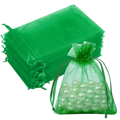 50PCS Green Organza Bags 3x4, Small Mesh Bags Drawstring Small Baggies Pouches for Jewelry Candy Treats Birthday Party Favors Wedding Baby Shower Halloween Gifts - color: Christmas Green