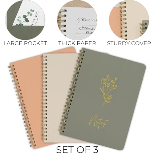 Aesthetic Spiral Notebook Set of 3 For Women - Cute College Ruled Journals - color: sage-pink-beige, size: Medium 8x6