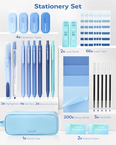 Four Candies Aesthetic School Supplies Kit with Cute Blue Pencil Case - color: Blue