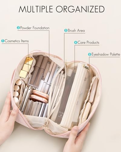 VLANDO Makeup Bag,Travel Toiletry Bag,Cosmetic Bag for Women PU Leather Portable Make up Bag for Skincare, Brushes & Travel Essentials-Sand Pink - color: 09-Sand Pink