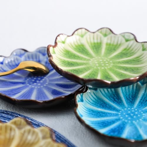 Gaolinci 4 Inches Lotus Shaped Ice Crack Ceramics Seasoning Dishes/Tea Bag Holders/Ketchup Saucer/Appetizer Plates/Vinegar Spice Salad Soy Sushi Wasabi Seasoning Dipping Dishes (Set of 4)