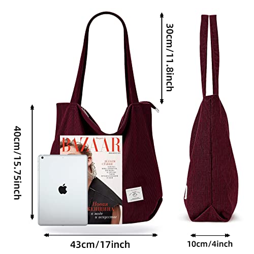 KALIDI Women Corduroy Tote Bag Zipper Casual Tote's Handbag Big Capacity Shoulder Bag with Pockets - color: Red