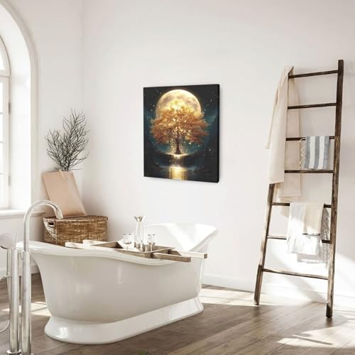 Golden Tree Wall Art Fantasy Tree with Moon and Waterfall Canvas Wall Decor Pictures Paintings Prints Mystical Nature Artwork Framed De corations For Meditation Space Bathroom Bedroom Living Room Office Gifts 20" x 24" - color: Golden Tree, size: 24"L x 2