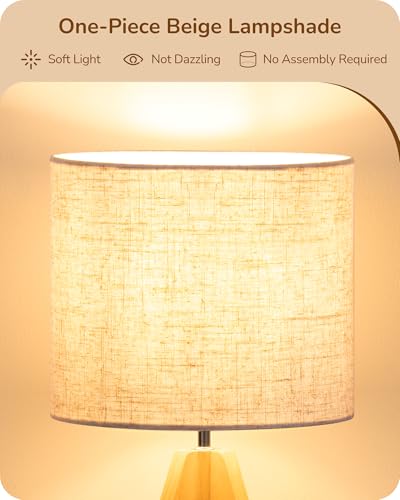 EDISHINE Small Table Lamp, Boho Bedside Lamp, Linen Fabric Shade, 14.2 Inch - color: Natural Wood&Beige Shade