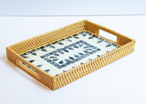 Magenta & Teal Decorative Rectangle Rattan Serving Tray 13x9 inch Mother of Pearl Inlay, Wicker Coffee Table Decor, Farmhouse (Blue Tan Star) - color: Blue Tan Star