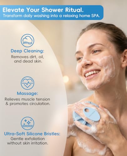 1 Pack Soft Silicone Shower Brush, Body Exfoliating Skin Massage Scrubber - color: Sky Blue