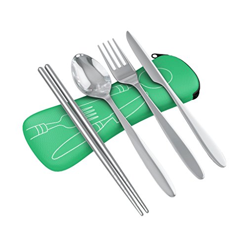 Reusable Travel Utensils with Case | Fork and Spoon Set with Knife, Chopsticks and Optional Reusable Straw– Office, Travel, or Camping Accessories| Lightweight Sturdy Reusable Utensils - color: 4pc Set - Green