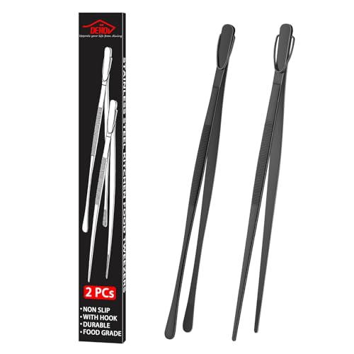 DEHOV 12 Inch Stainless Steel Black Cooking Tongs Set of 2, Metal Chef Food Tweezers For Cooking, Long Metal BBQ Tongs For Pasta, Black Pickle Grabber - color: Black