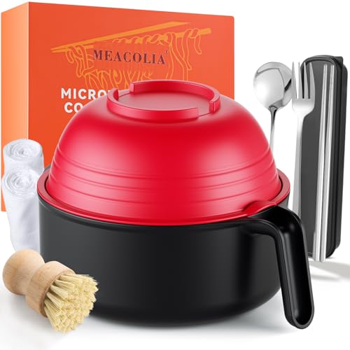 MEACOLIA Large Ramen Bowl Set, Microwave Noodle Pasta Cooker with Lid and Strainer, Stainless Steel Travel Utensils, College Dorm Room Essentials for Girls Guys (Red) - color: Red, size: 50 oz Ramen Bowl (with Travel Utensils)
