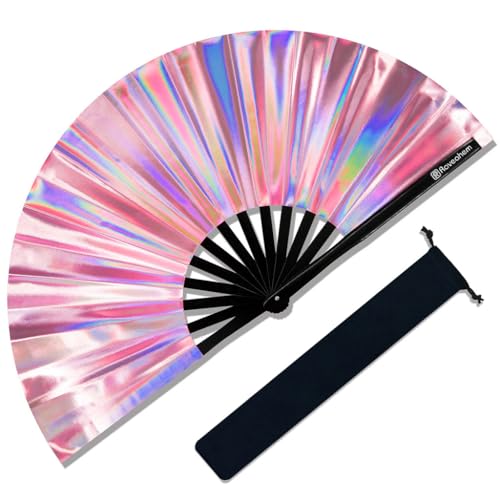 Large Rave Fan, Clack Folding Hand Fan with Premium Fabric, Thick Bamboo Frame for Men Women Gift for EDM, Festival, Club, Party, Dance, Decoration (Holographic Pink, 13") - color: Holographic Pink, size: 13"