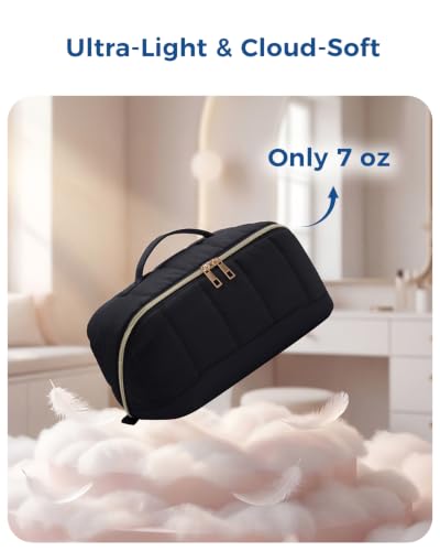 Makeup Bag for Women, Open Flat Puffy Organizer with Wipe-Clean PVC Lining - color: Black