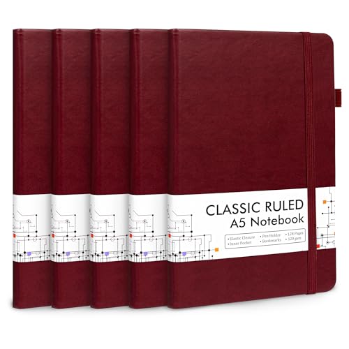 feela 5 Pack Journal Notebook Bulk for School, Hardcover Business Notebooks Classic Ruled Lined Journals with Pen Holder for Work Note Taking, with 5 Black Pens, 120 GSM, 5.1”x8.3”, A5, Wine - color: 5 Pack wine