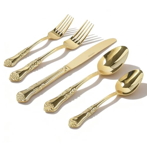 Silverware Set,Stainless Steel Flatware Cutlery Set with Floral Handles,Included Knife Spoon and Fork, Mirror Polished Cutlery Utensil Sets for Home Kitchen Restaurant Wedding, Party - color: Gold, size: 20 pieces for 4