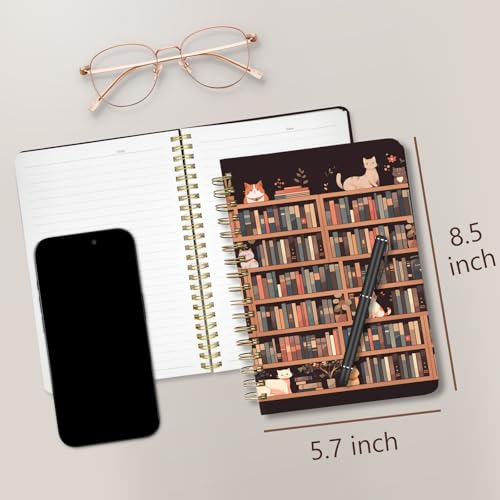 Cute Spiral Notebook Journal A5 6x9 Note Book with Pocket, Cat - color: Cat Bookshelf