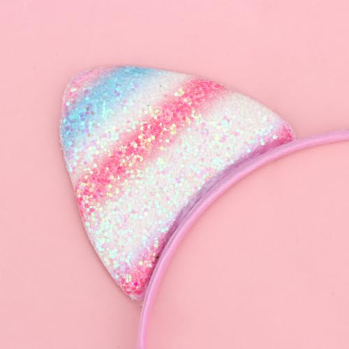 Cat Ears Headband Rainbow Glittery Non Shed Sparkly Pastel Kitty Ears - color: Rainbow Glittery
