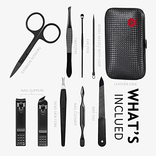 HANTEKAS Manicure Set 9 in 1 Stainless Steel, Nail Clippers Scissors Pedicure Tools Kit - Portable Travel Grooming Kit for Men and Women with Leather Case (Red-BIG Nail Clipper) - color: Red-big Nail Clipper
