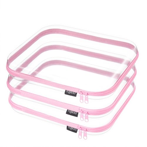 YQBRAO Clear Hard Shell Zipper Cases, 3 Large Travel Organizers, Pink - color: Pink, size: 3 Pack(L)