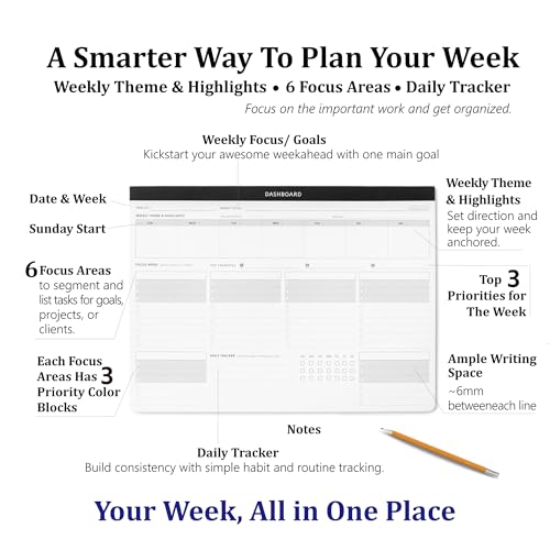 Weekly Dashboard Planner w/Daily Habit Tracker for Work Professionals - color: Black