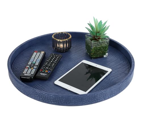 HofferRuffer Round Serving Tray 20'', Elegant Faux Leather Circle Ottoman Table Tray, Serve Tea Coffee Breakfast in Bedroom Living Room Kitchen (Blue, 20") - color: Blue, size: 20"